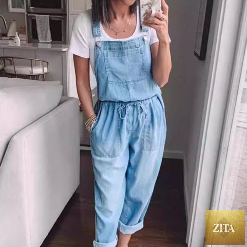 Women's cotton sleeveless wide-leg jumpsuit by Zita La Belle Elite featuring a relaxed fit and stylish design.
