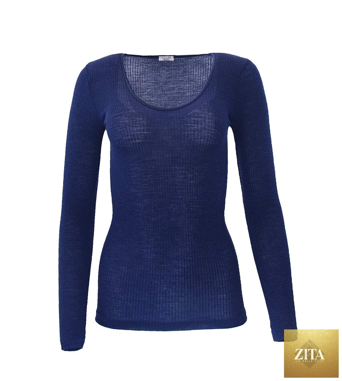 EGi luxury wool silk long sleeve top with satin trim by tittimitti, made in Italy, shown in a stylish, close-up view.