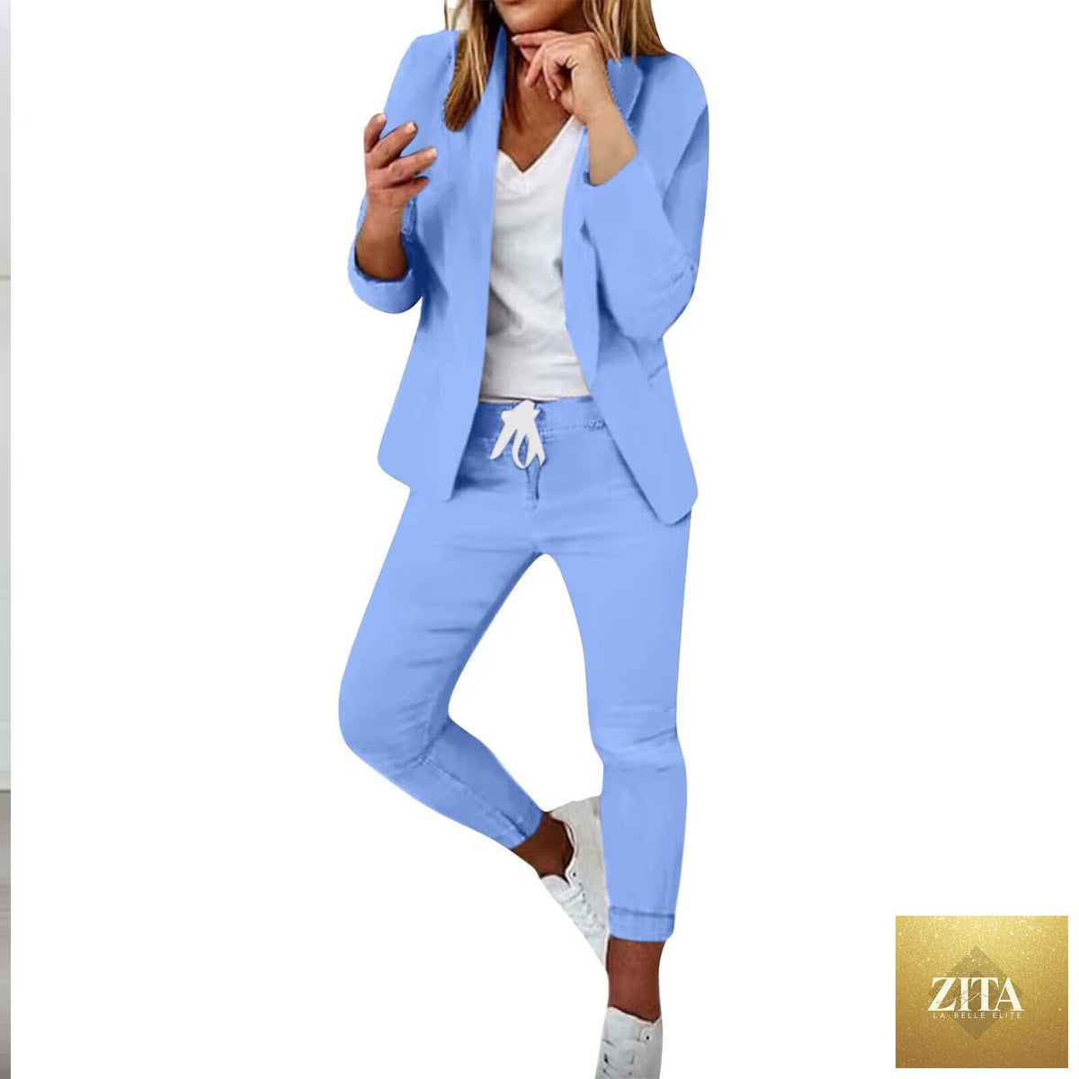 Women’s casual blazer and drawstring pants suit set by FitiqueFit, featuring notch lapel blazer and matching relaxed pants.