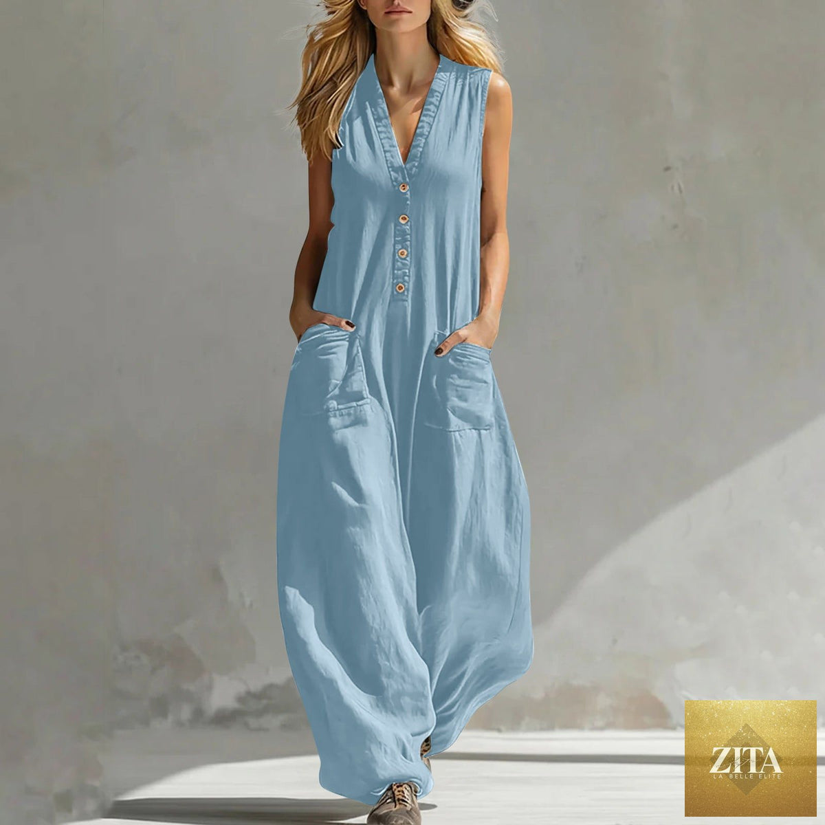 Women's sleeveless wide-leg jumpsuit with pockets from Zita La Belle Elite, casualwear, featuring a relaxed fit and stylish design.
