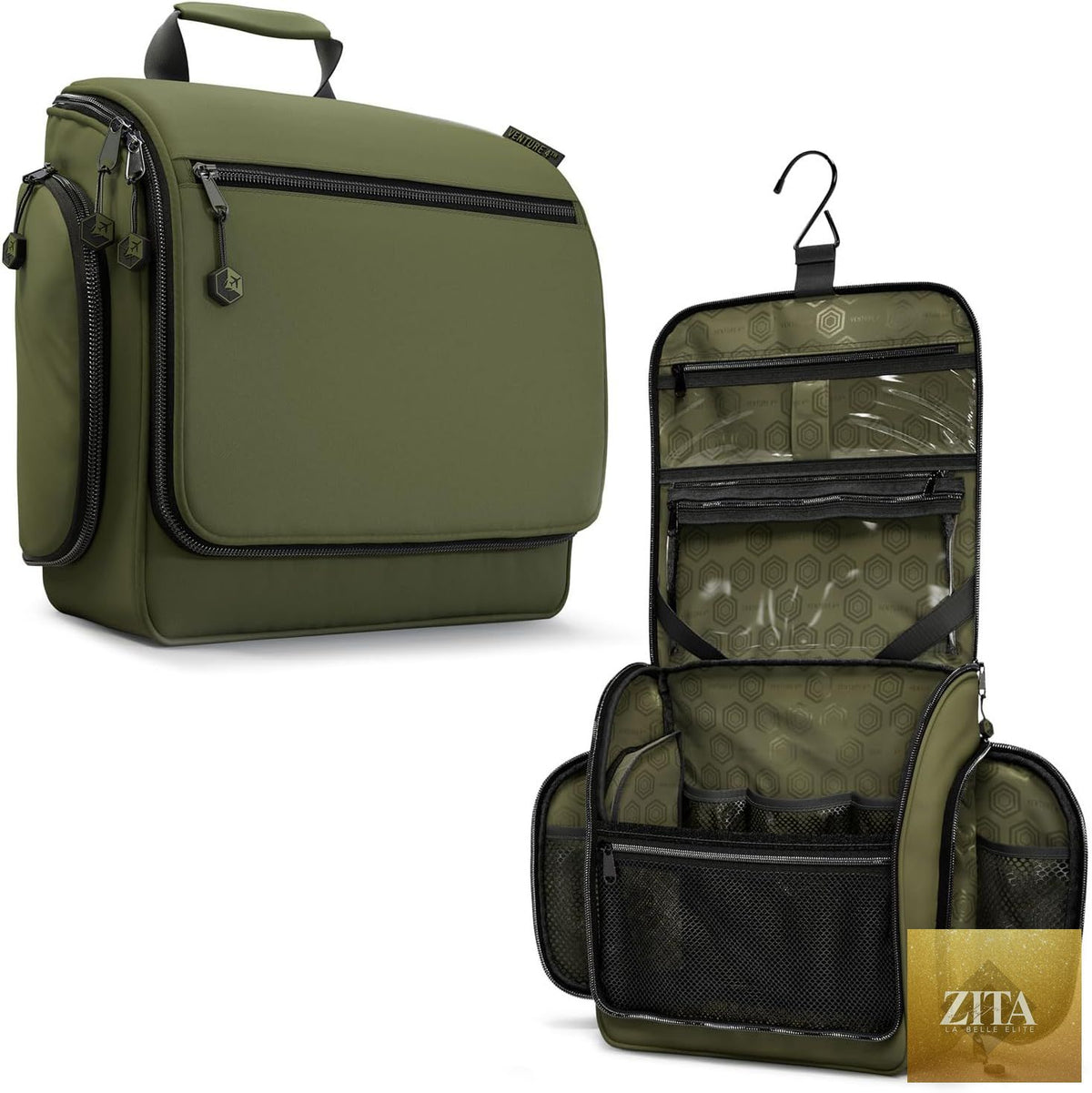 Venture 4th hanging travel toiletry bag with multiple compartments and hanging hook for organized toiletries on the go.