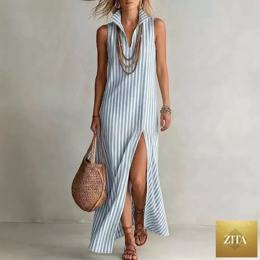 Striped sleeveless maxi dress with stand collar and side slits by FitiqueFit, casual A-line cami style for warm weather.