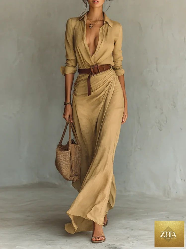 Women's elegant belted irregular ruffle long dress by Zita La Belle Elite, featuring a slim waist and casualwear style.