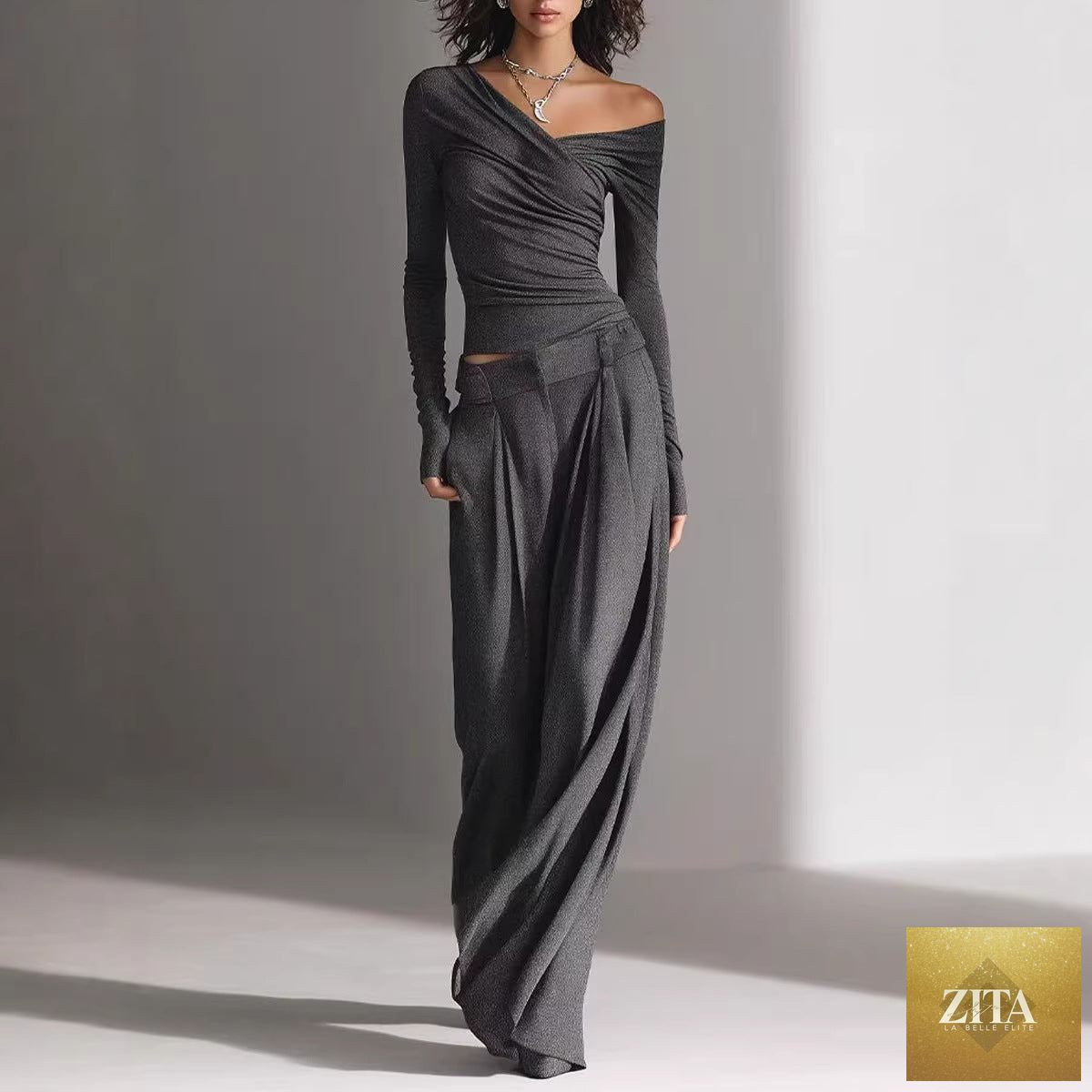 Zita La Belle Elite women's long-sleeve pullover top and loose pants casual 2-piece outfit, shown in a relaxed fit and neutral color.