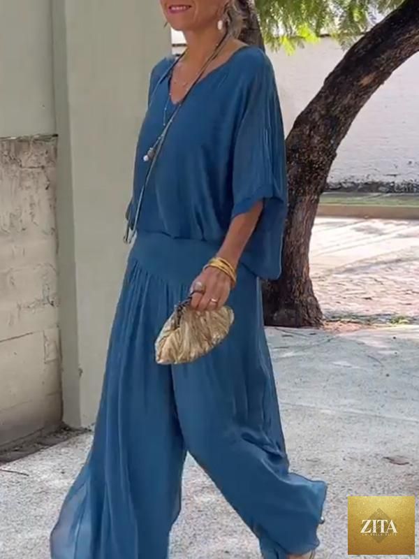 Zita La Belle Elite solid-color chiffon two-piece casualwear set in various colors, featuring a relaxed fit and comfortable fabric.
