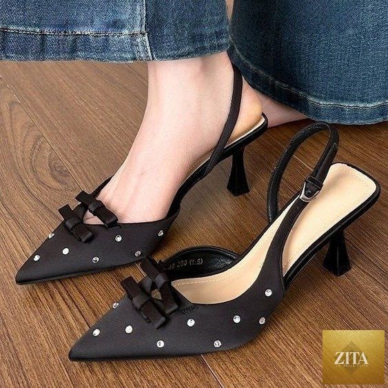 Women's closed toe slingback stiletto heels by Zita La Belle Elite with bowknot and rhinestone details, showcasing elegant footwear design.
