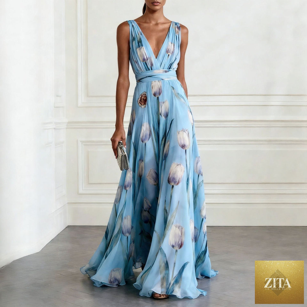 Women's tulip print sleeveless deep V-neck A-line maxi dress by FitiqueFit, shown in a flowy design with colorful floral patterns.