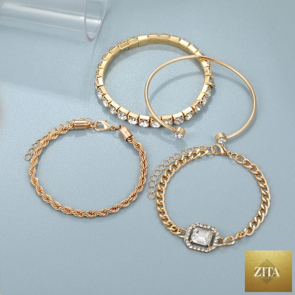 Mandotos fashion jewelry 4-piece crystal bracelet set featuring bohemian twisted cuff chains and vintage luxury armbands.