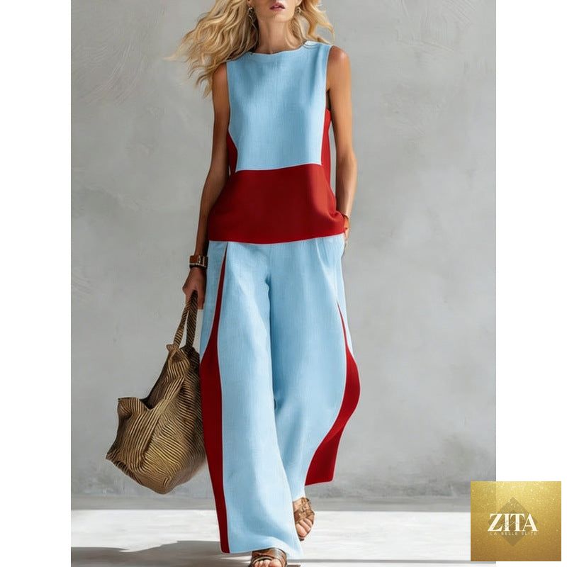 Printed retro sleeveless top and wide-leg pants set by MERIDGE, featuring vibrant 12 print designs in various sizes.