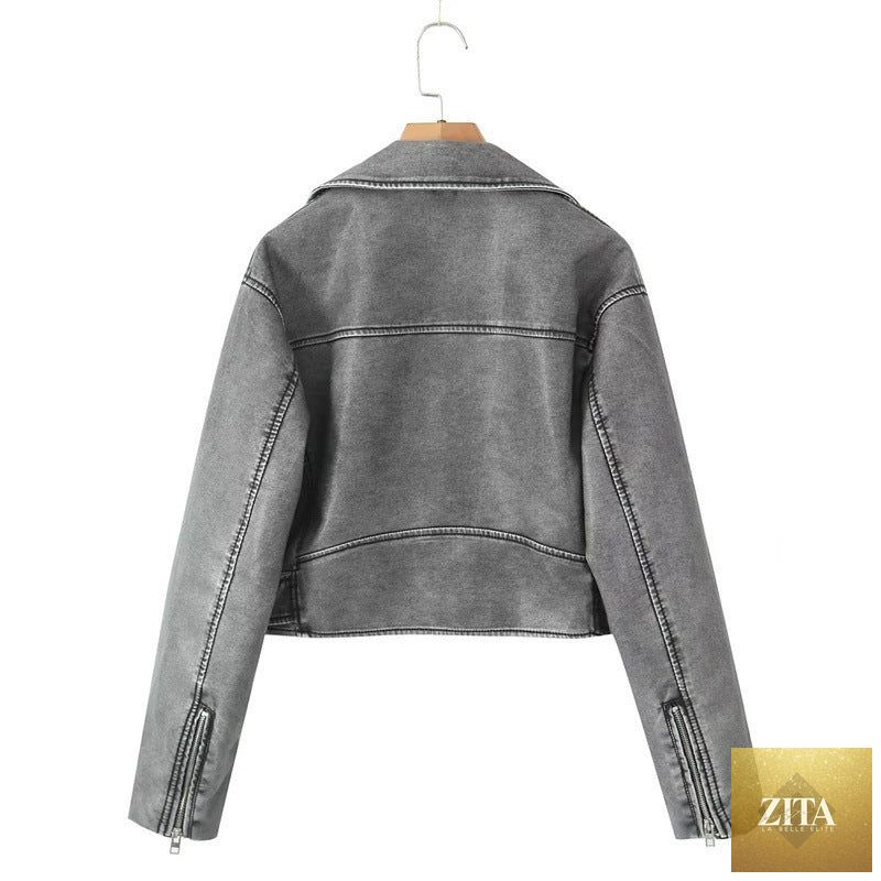 Women's washed leather motorcycle jacket with worn finish, casual leather coat featuring a relaxed fit and stylish design.