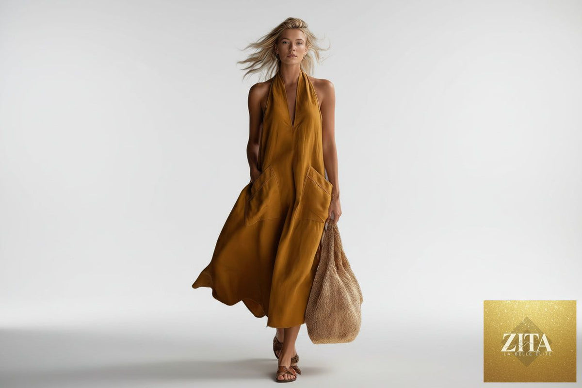 Women's retro V-neck slip dress by Zita La Belle Elite, sleeveless and loose fit, casualwear perfect for relaxed summer style.
