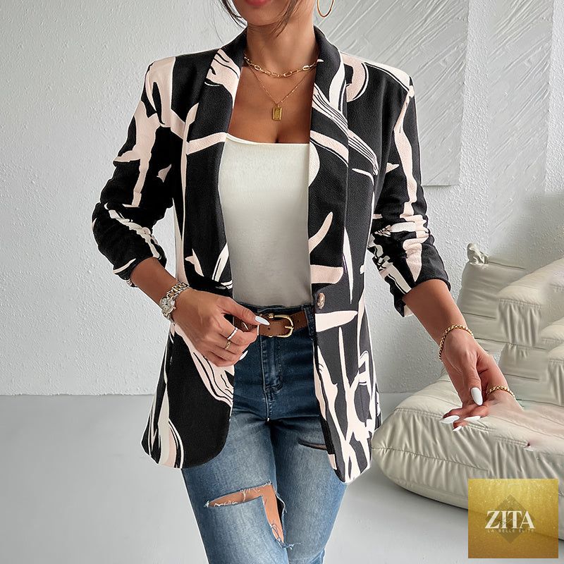 Women's abstract print blazer by FitiqueFit, long sleeve casual work jacket with stylish design and button closure.