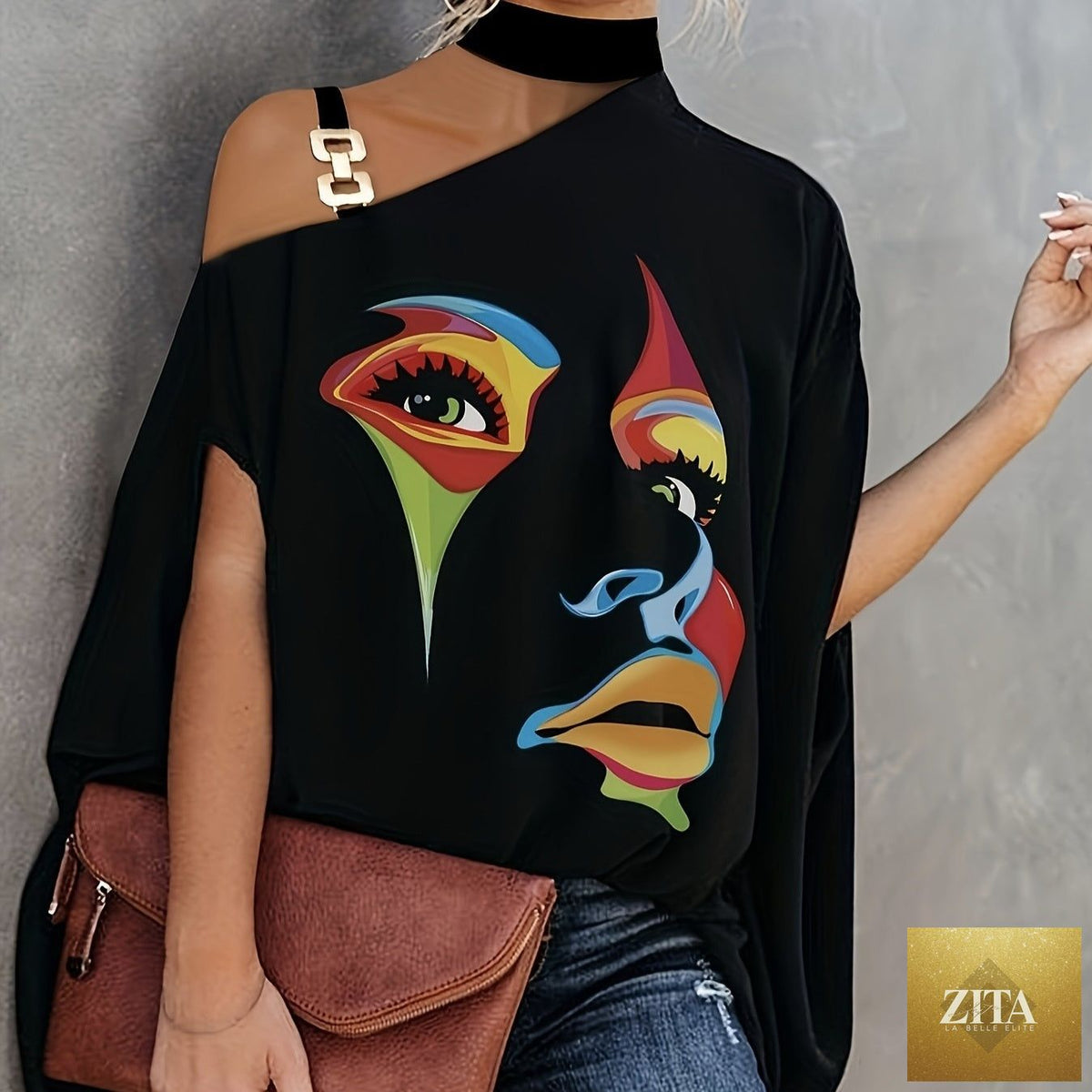 Women’s one-shoulder printed T-shirt by Zita La Belle Elite, casualwear with a stylish one-shoulder design and vibrant print.