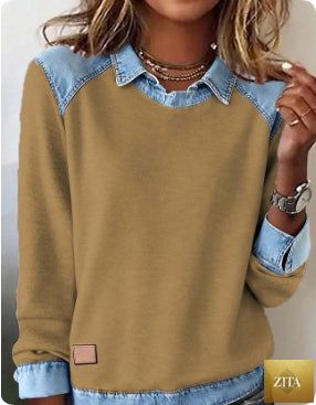 Women’s denim collar patchwork pullover knitwear top by FitiqueFit featuring casual street style, with denim collar and patchwork design.