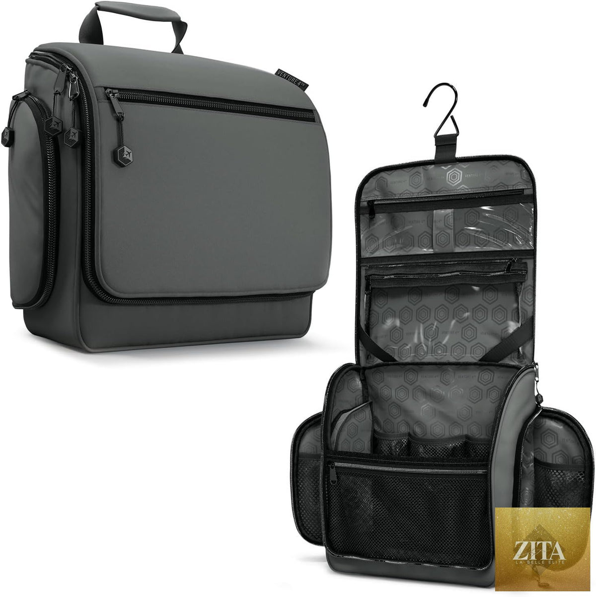 VENTURE 4TH hanging travel toiletry bag with multiple compartments and durable nylon material shown in the image.