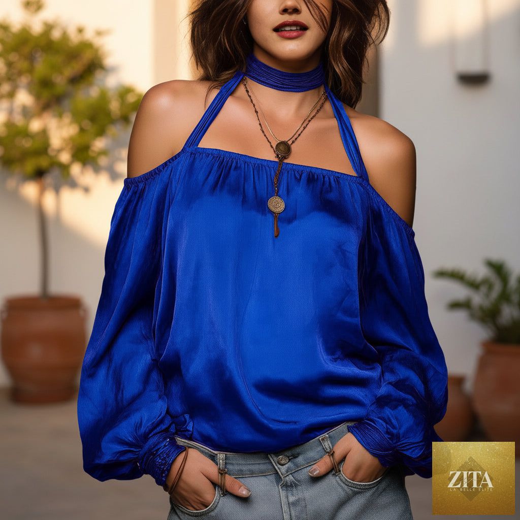 Women's satin halter neck blouse by FitiqueFit, shoulder-baring long sleeve top in five colors, stylish and elegant for women.