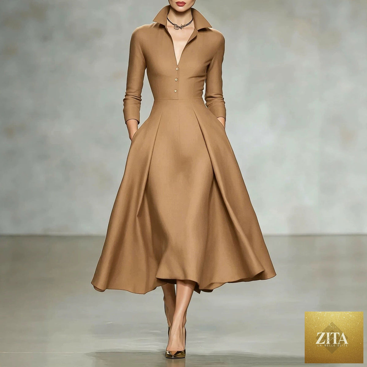 V-neck waist-cinching long sleeve midi dress by FitiqueFit, showcasing a fitted silhouette with elegant design.