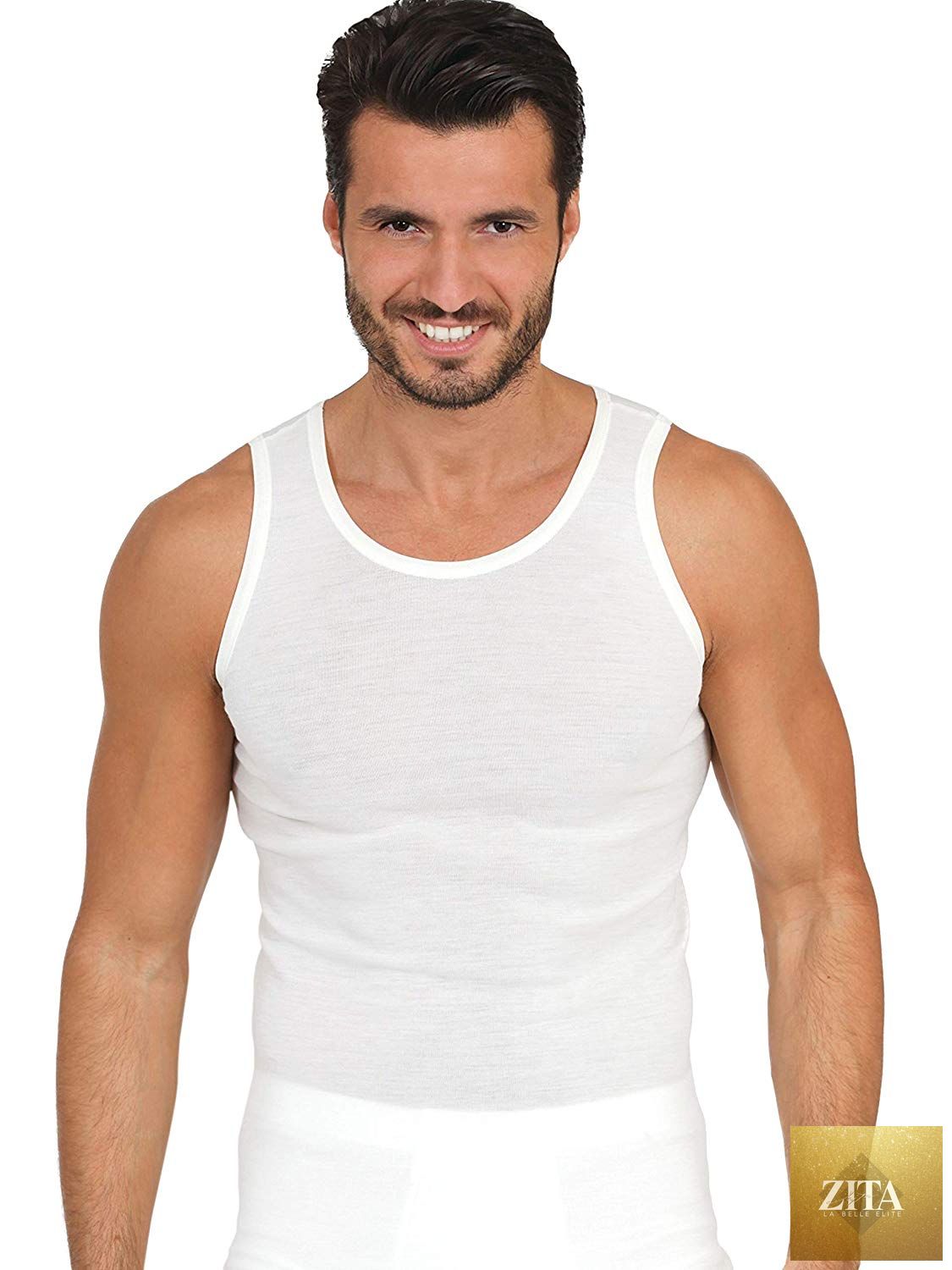 EGi Luxury Wool Silk men's sleeveless muscle tank top by tittimitti, in a neutral color, showcases soft fabric and sleeveless design.