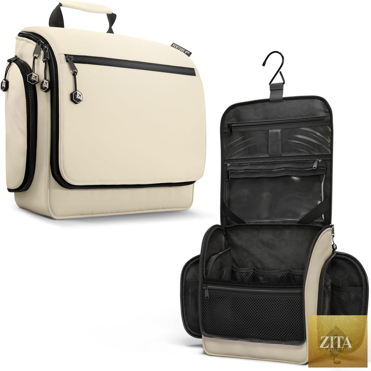 Venture 4th hanging travel toiletry bag with multiple compartments and a sturdy hook for convenient organization and storage.