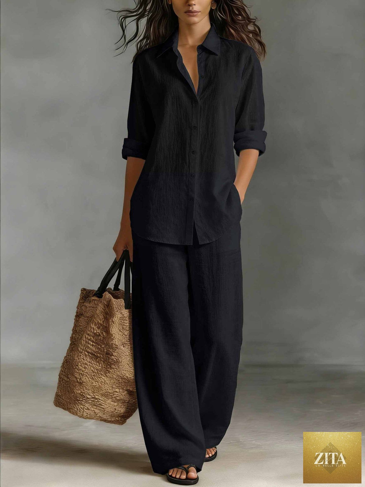 Women's bohemian cotton-linen top and pants set by Zita La Belle Elite, casual resort lounge co-ord with relaxed, stylish fit.