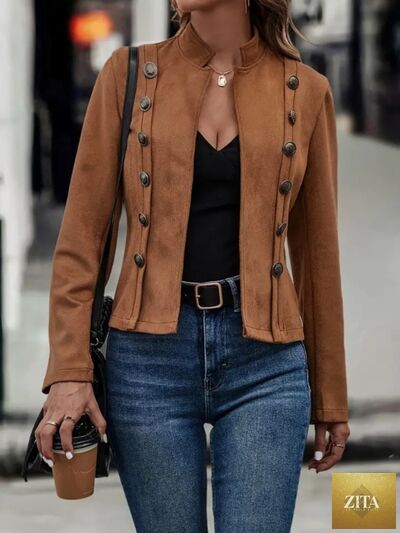 Zita La Belle Elite women's decorative button open front long sleeve jacket with elegant casual style, shown in a natural pose.