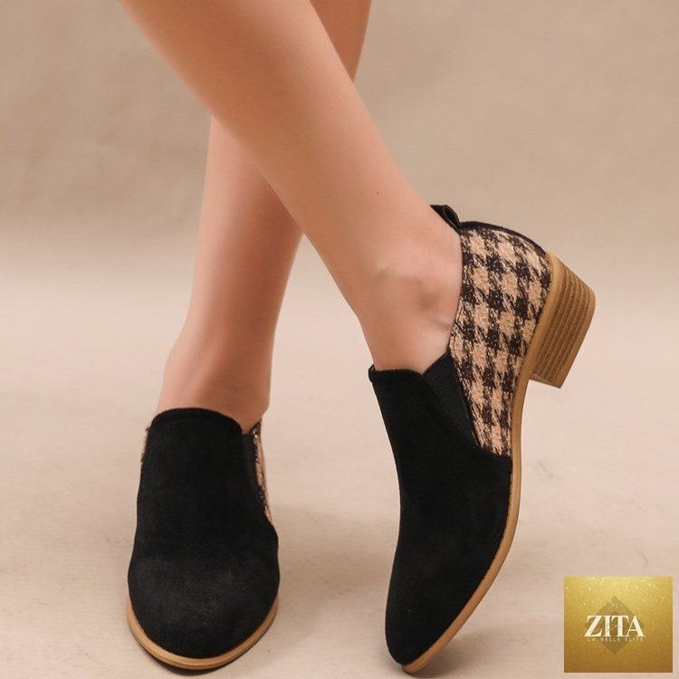 Women's retro color-block slip-on heels by FitiqueFit featuring round toe and mid heel dress shoes, stylish and comfortable footwear.