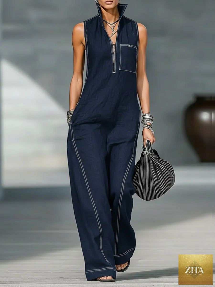 LadyShow summer casual sleeveless jumpsuit with stand-up collar, pockets, and trousers for women, perfect for stylish summer wear.
