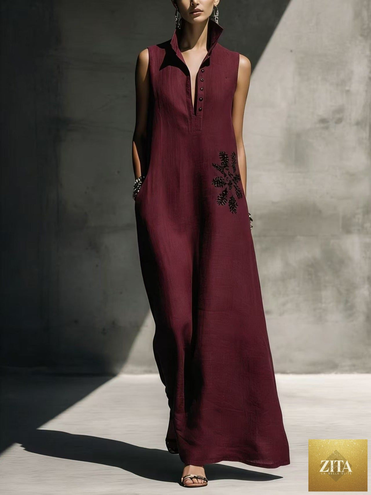 Women's cotton linen maxi dress with mandarin collar, graphic print, and pockets by FitiqueFit, perfect for casualwear.