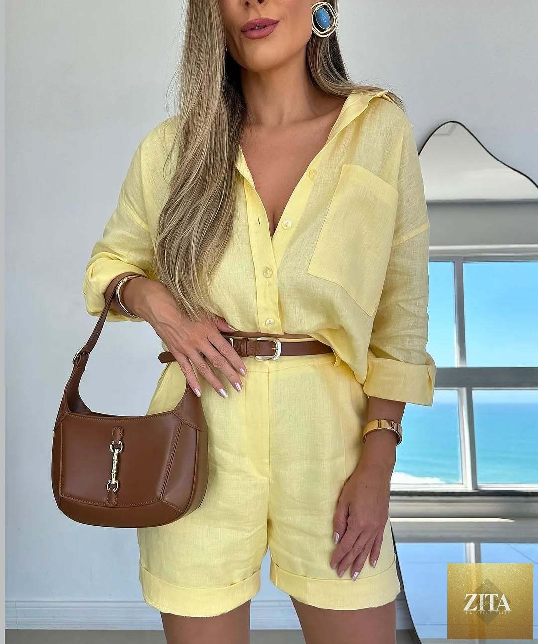 Zita La Belle Elite women's casual long-sleeve shirt and shorts set made of cotton, featuring a relaxed fit and comfortable style.