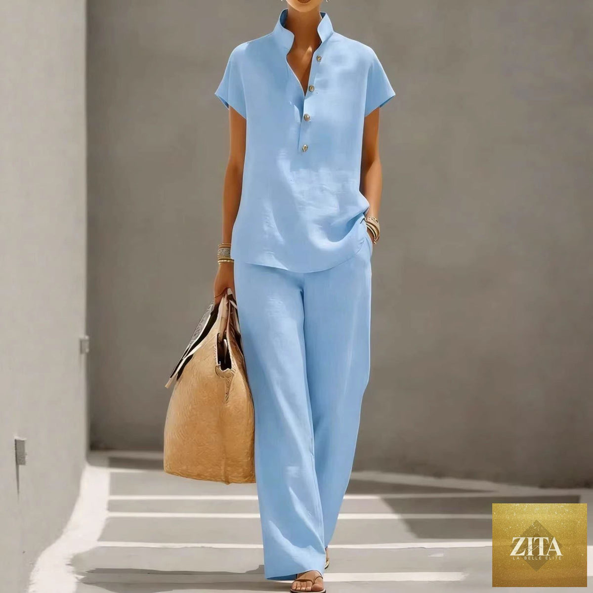 Zita La Belle Elite three-piece set with solid cardigan, short sleeve top, and pants for casual lounge wear.