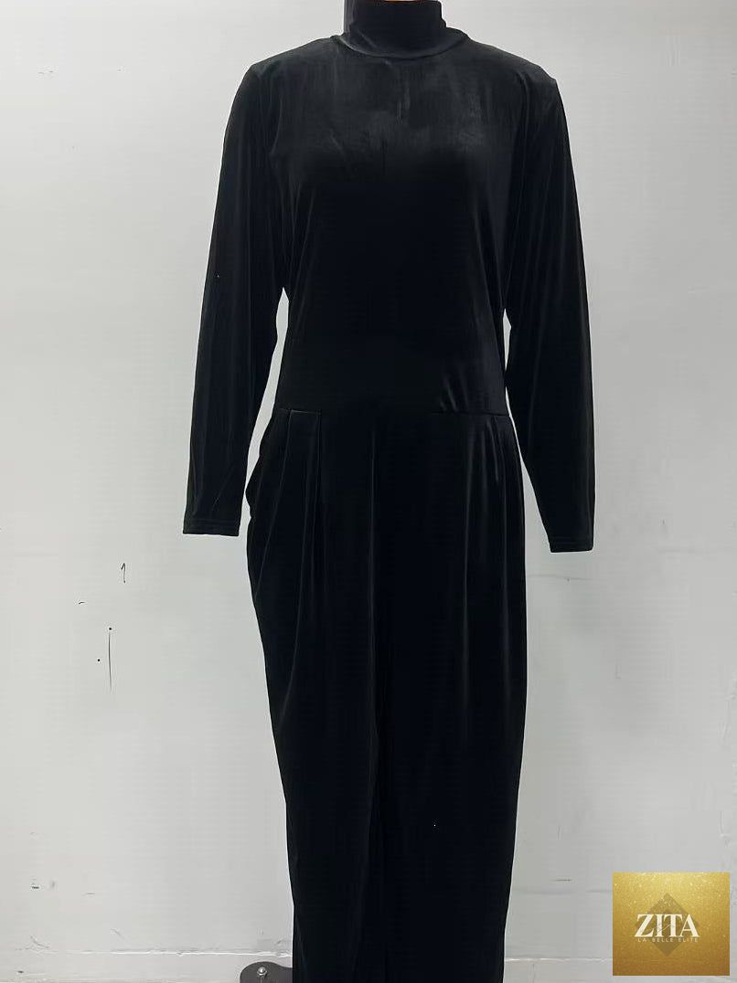 Women's Velvet Mock Turtleneck Chevron-Seam Fitted Bodice Balloon-Leg Jumpsuit
