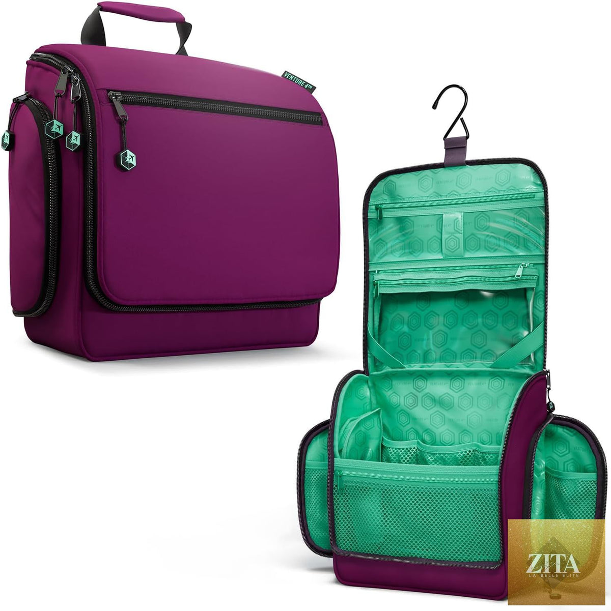 Venture 4th hanging travel toiletry bag with multiple compartments and hanging hook for organized bathroom storage.