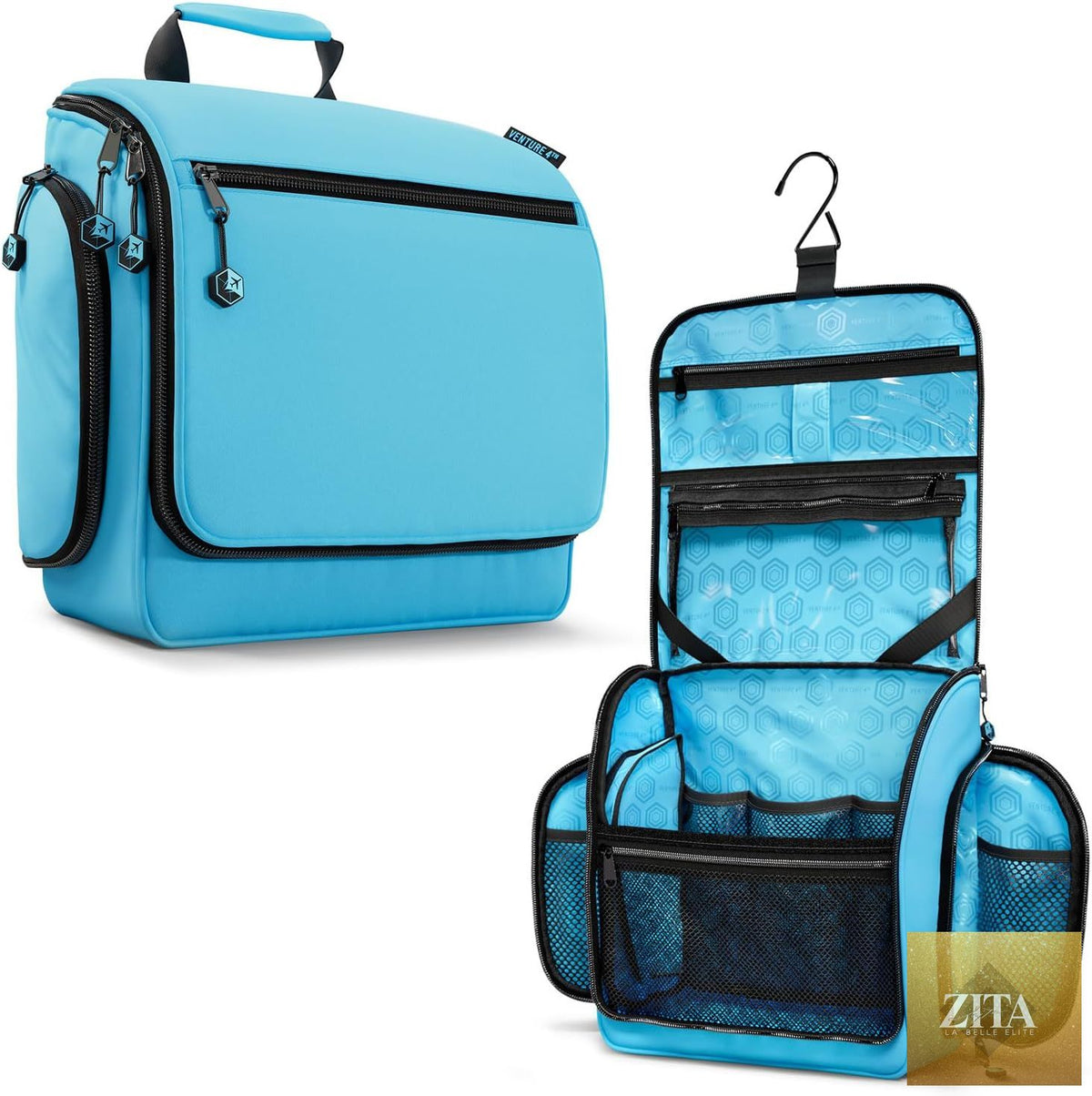 VENTURE 4TH hanging travel toiletry bag with multiple compartments and durable zipper, ideal for organizing toiletries on the go.