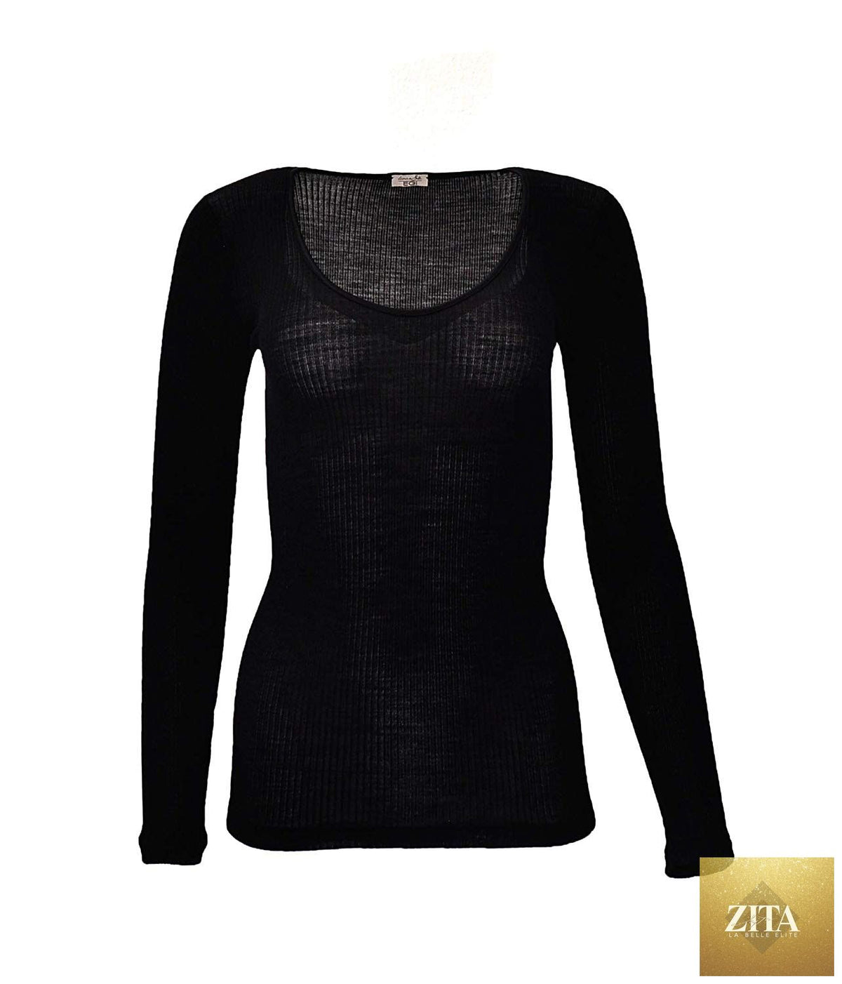 Tittimitti EGi luxury wool silk long sleeve top with satin trim, made in Italy, shown in a stylish, fitted design.