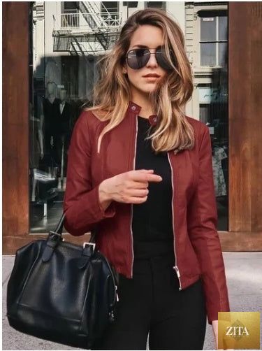 Women's autumn and winter fashion leather PU suit jacket, stylish women's leather jacket for cold weather, black with tailored fit.