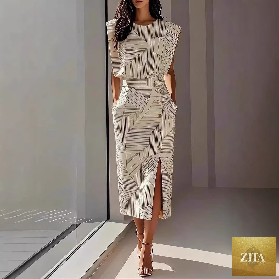 Women's printed sleeveless top and slit maxi skirt set by FitiqueFit, featuring a stylish matching two-piece outfit in three colors.