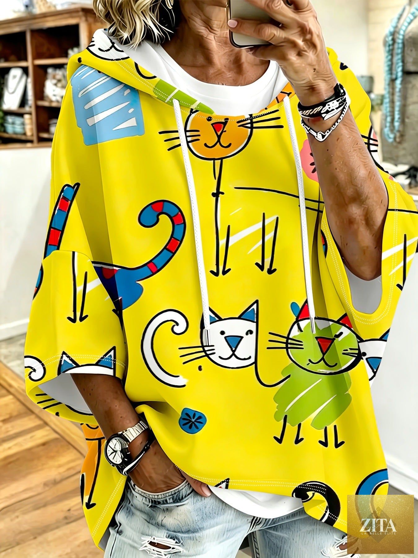Cartoon Cat Print Hoodie with 3/4 Sleeves & Drawstring
