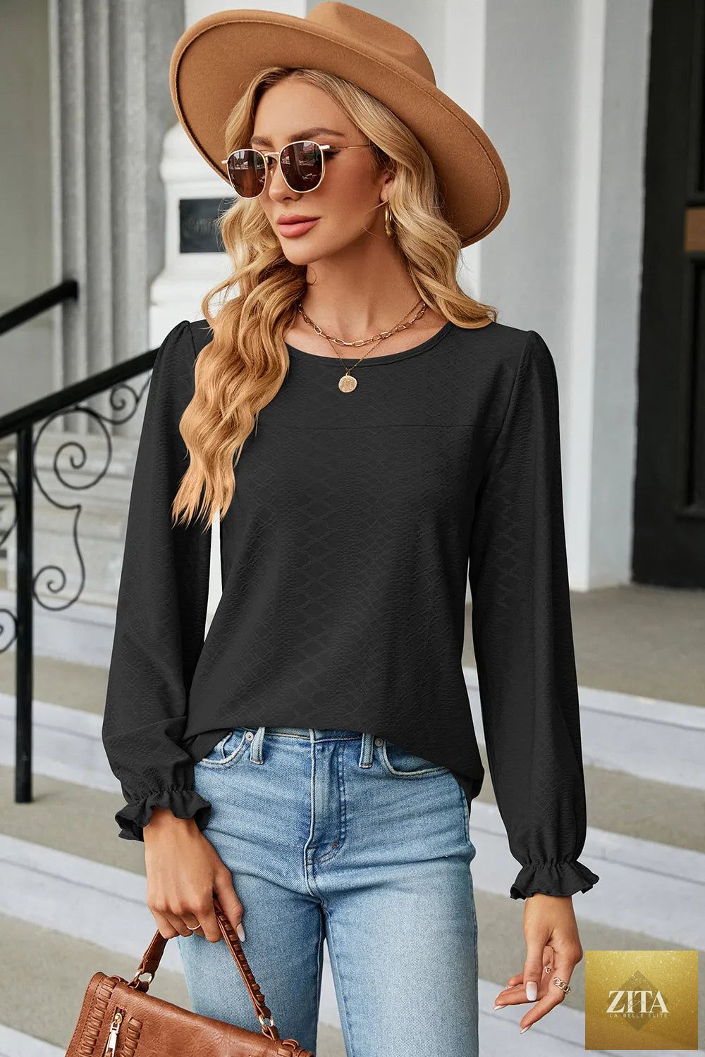 Zita La Belle Elite round neck casual T-shirt with flounce sleeves, stylish and comfortable for everyday wear.