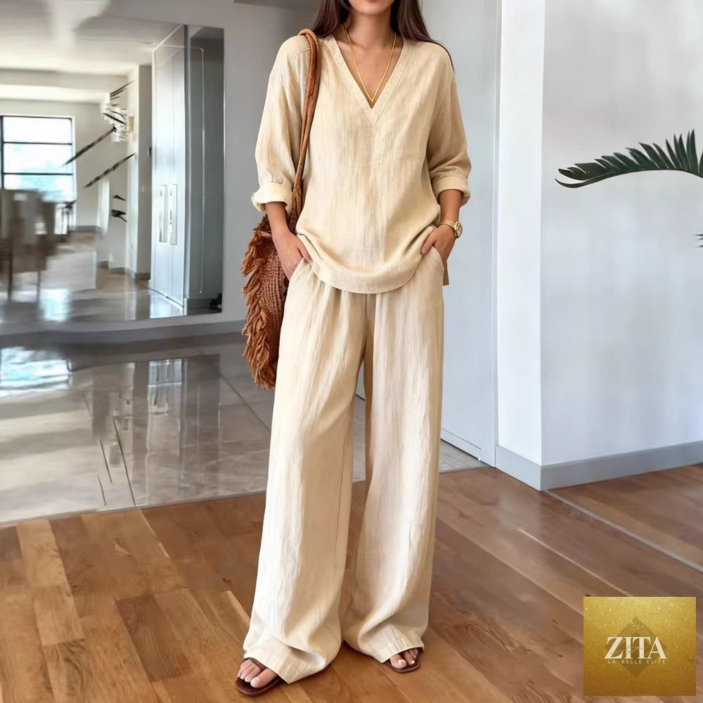 FitiqueFit long sleeve top and full-length pants two-piece set in various colors, featuring a comfortable, stylish matching outfit.