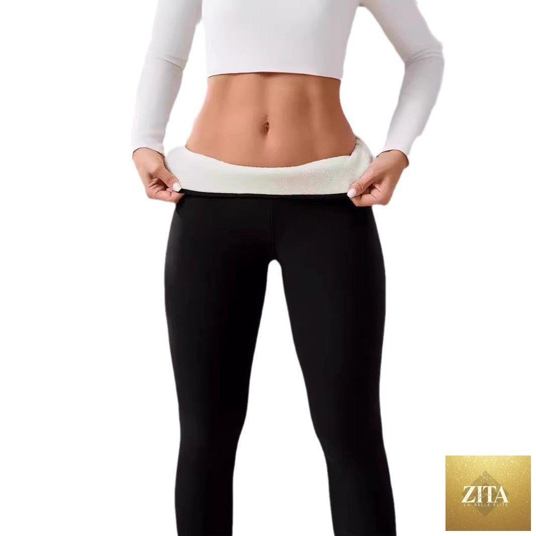 Fleece-lined thick cashmere winter leggings by FitiqueFit, showing soft, cozy fabric and elastic waist for winter warmth.