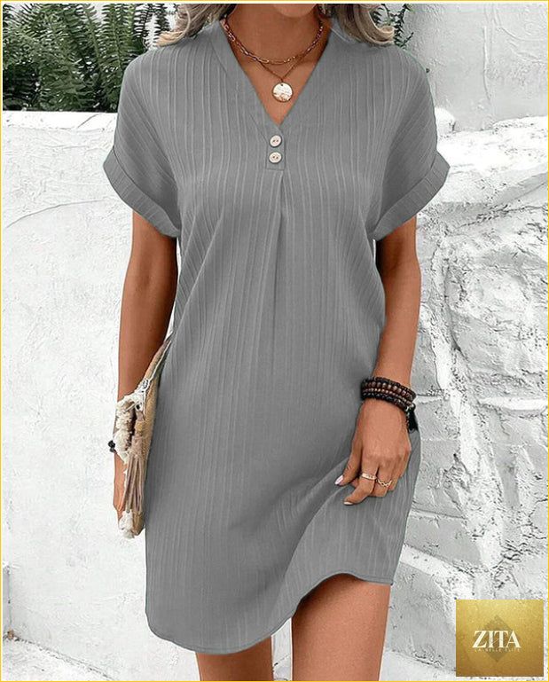FitiqueFit short sleeve V-neck dress with button-front design, solid casual shirt dress, stylish and comfortable for everyday wear.