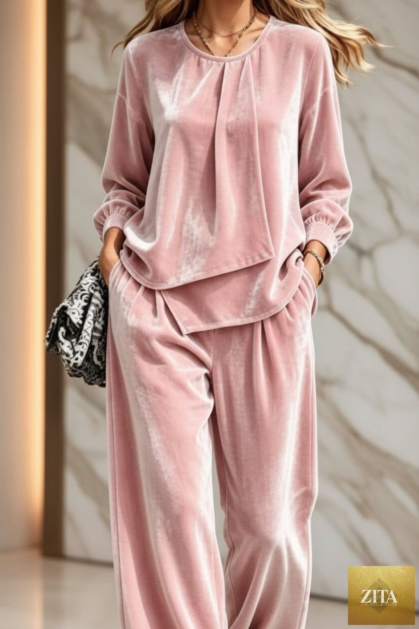 Women's Velvet Center-Pleat Relaxed Top & Wide-Leg Pants Set