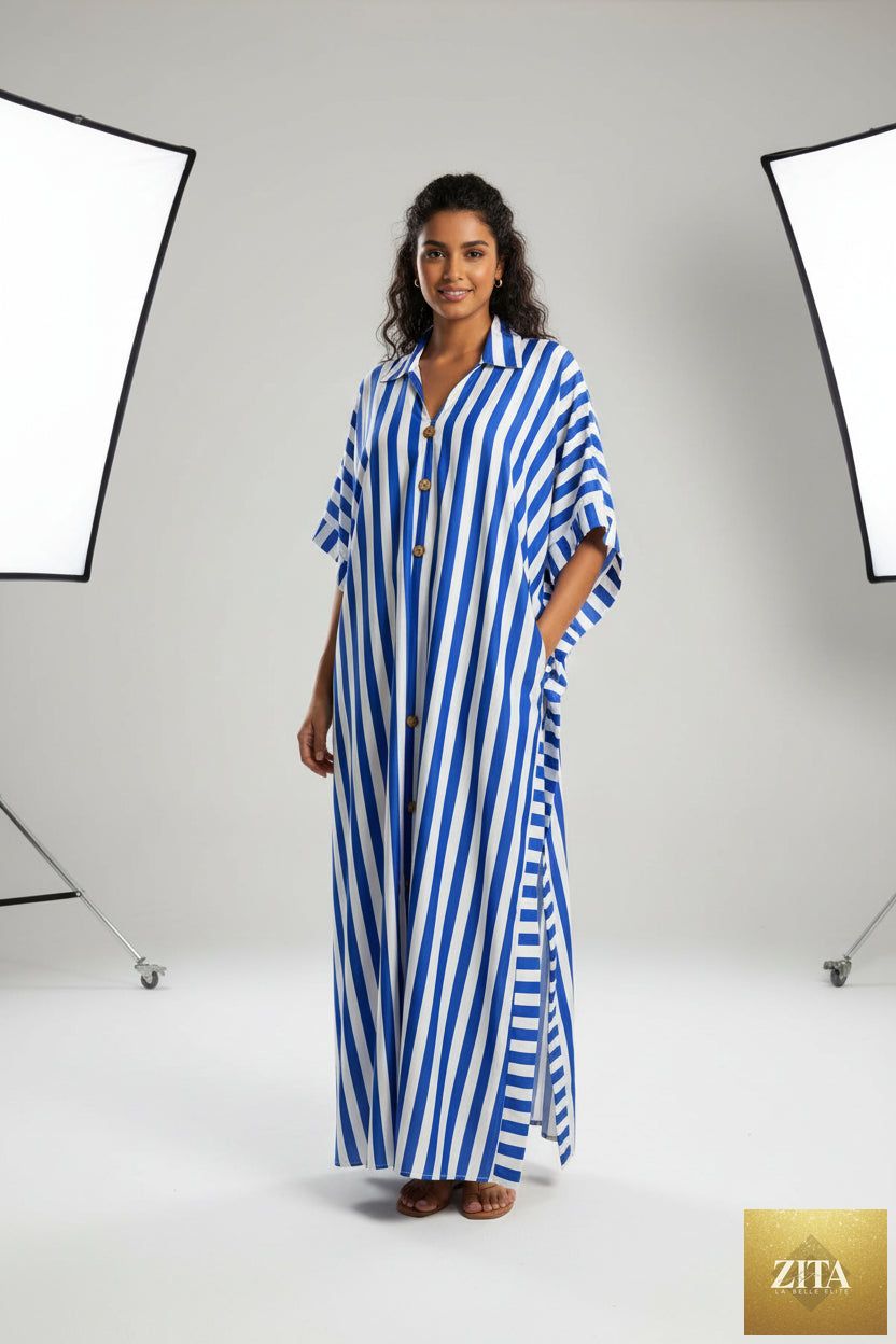 African-inspired striped loose long dress by FitiqueFit in five colors, featuring a relaxed fit and flowing silhouette.