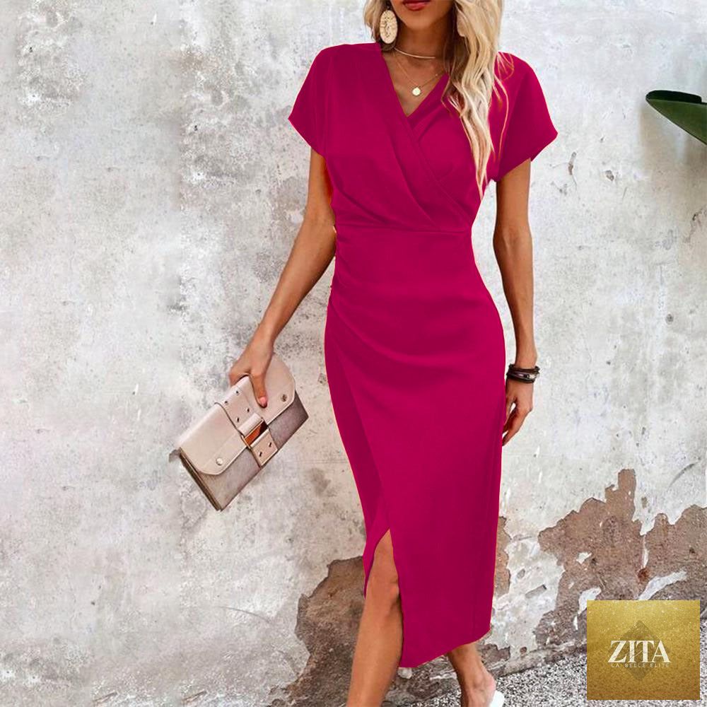 Zita La Belle Elite split V-neck bodycon dress with short sleeves and side slit, slim fit design, shown on a model.