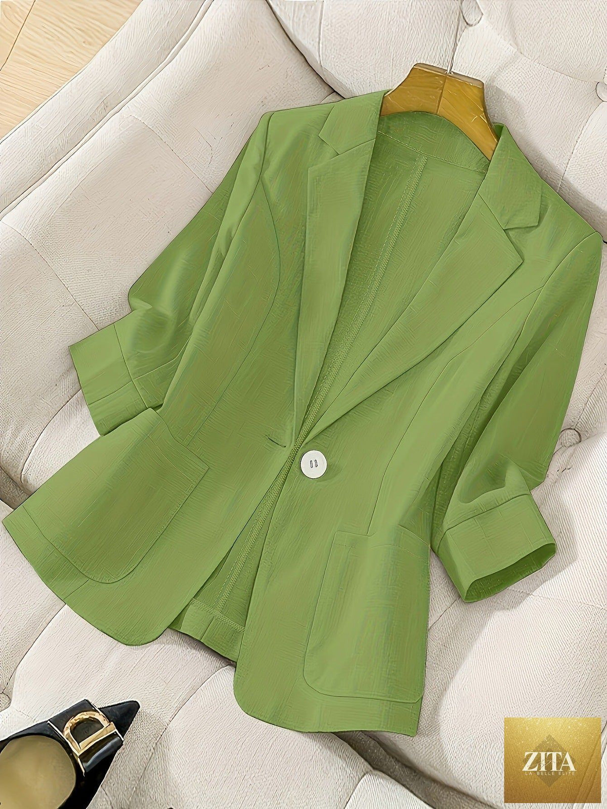 Women's casual blazer with three-quarter sleeves and single button from Zita La Belle Elite, shown in a stylish coat style.