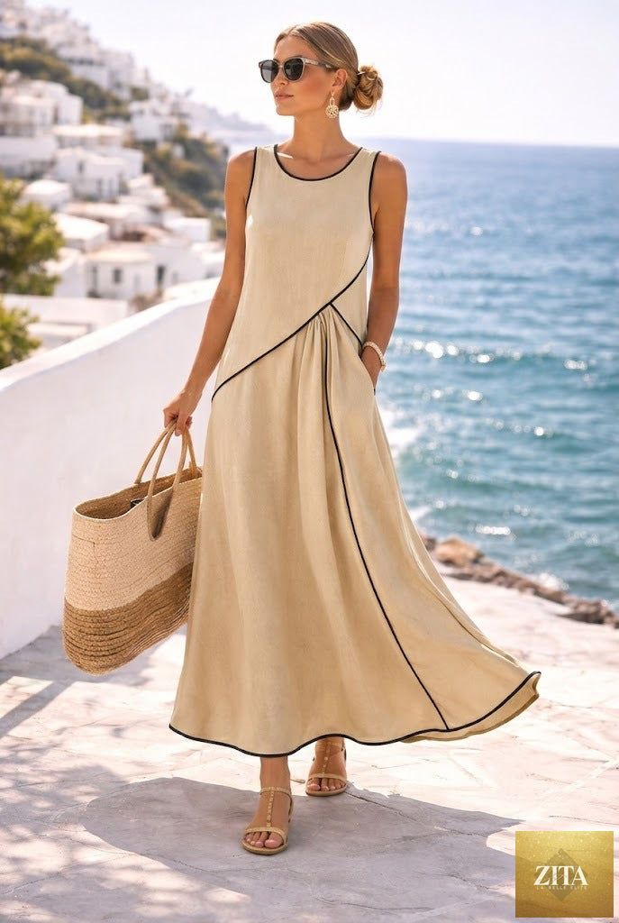 Mediterranean contrast color vacation dress by FitiqueFit, casualwear, in various colors, featuring a relaxed fit and stylish design.