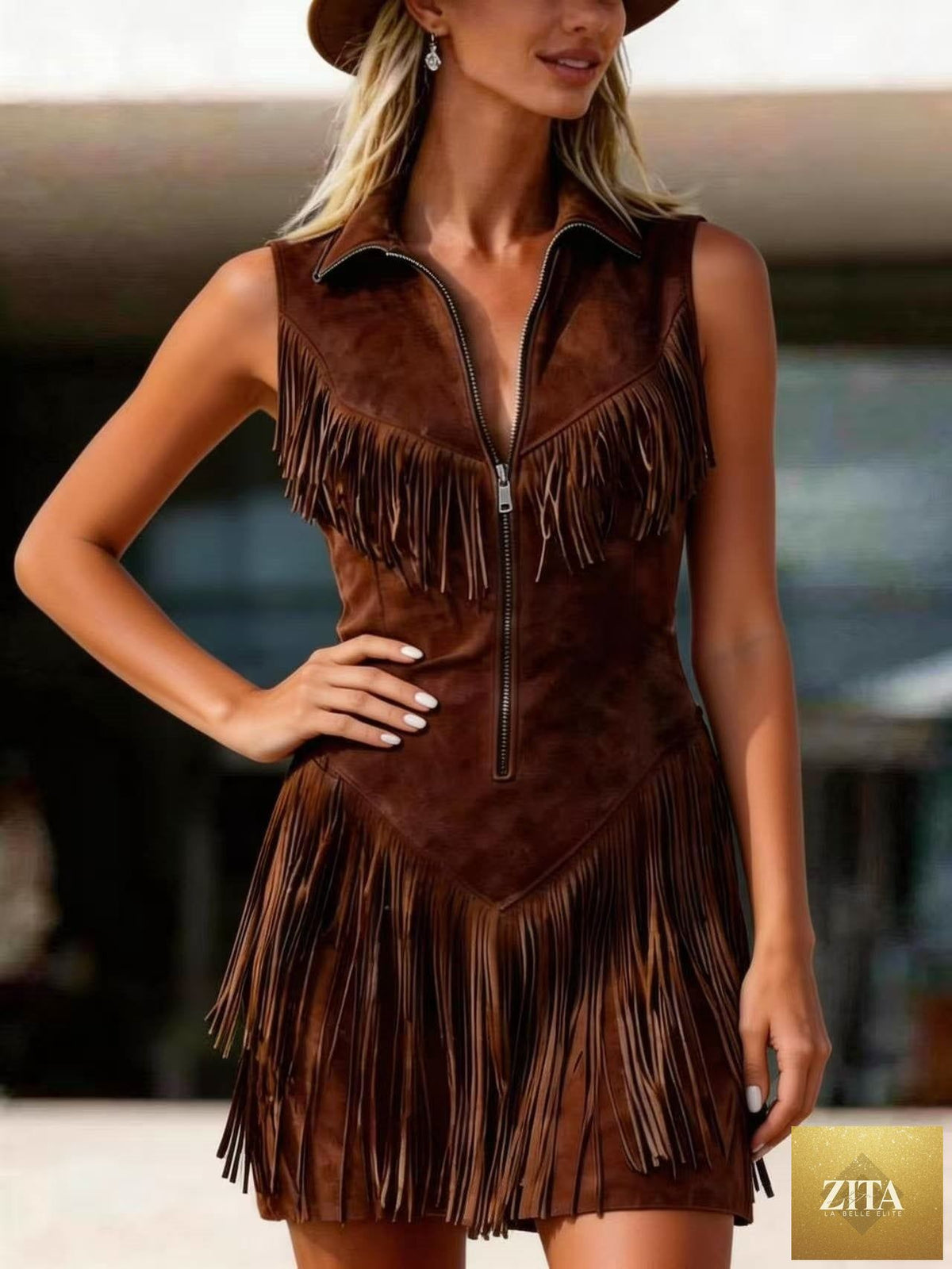 Women's suede western tassel sleeveless slim-fit midi dress by Zita La Belle Elite, featuring tassel details and a fitted silhouette.