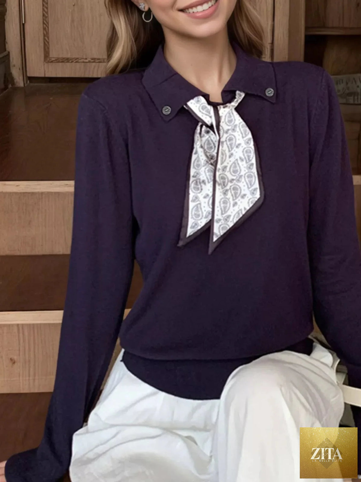 Scarf-Accented Long Sleeve Sweater