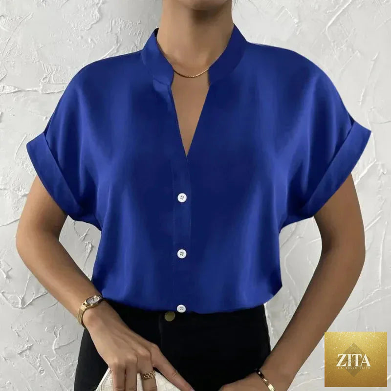 Light orange satin V-neck short sleeve shirt for women by FitiqueFit, casual summer women's satin casualwear, elegant and comfortable.