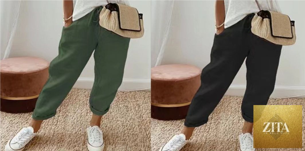 Women’s cotton linen casual pants in solid color from FitiqueFit, featuring a relaxed fit and comfortable design.